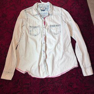 Jolt Buckle Retro Washed Denim Button Up Shirt Contrast Pink Trim Large Cotton